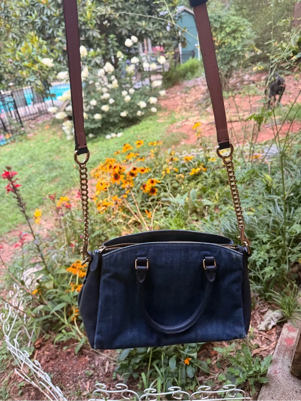 Coach Blue Denim Satchel with Navy Leather Trim and Pink Strap